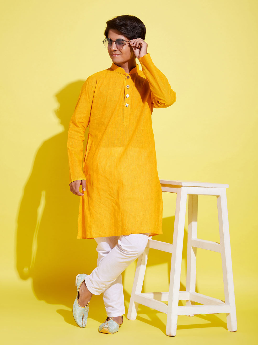 VASTRAMAY Boy's Yellow Cotton Kurta and Pyjama Set - qivii