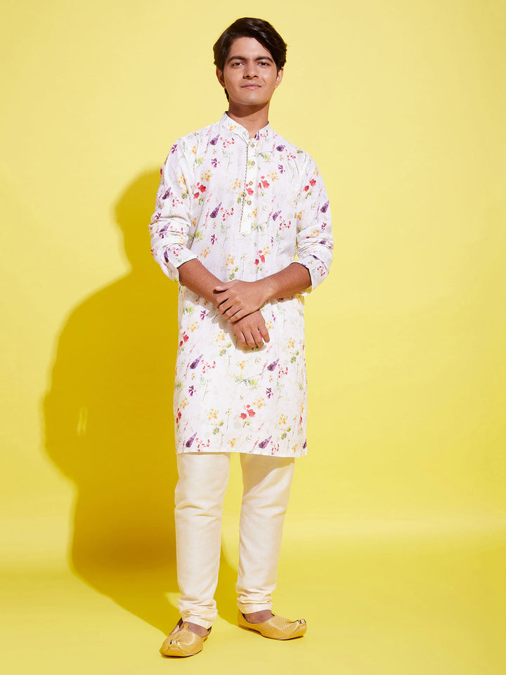 VASTRAMAY Boy's Printed Cream Cotton Blend Kurta and Pyjama Set - qivii