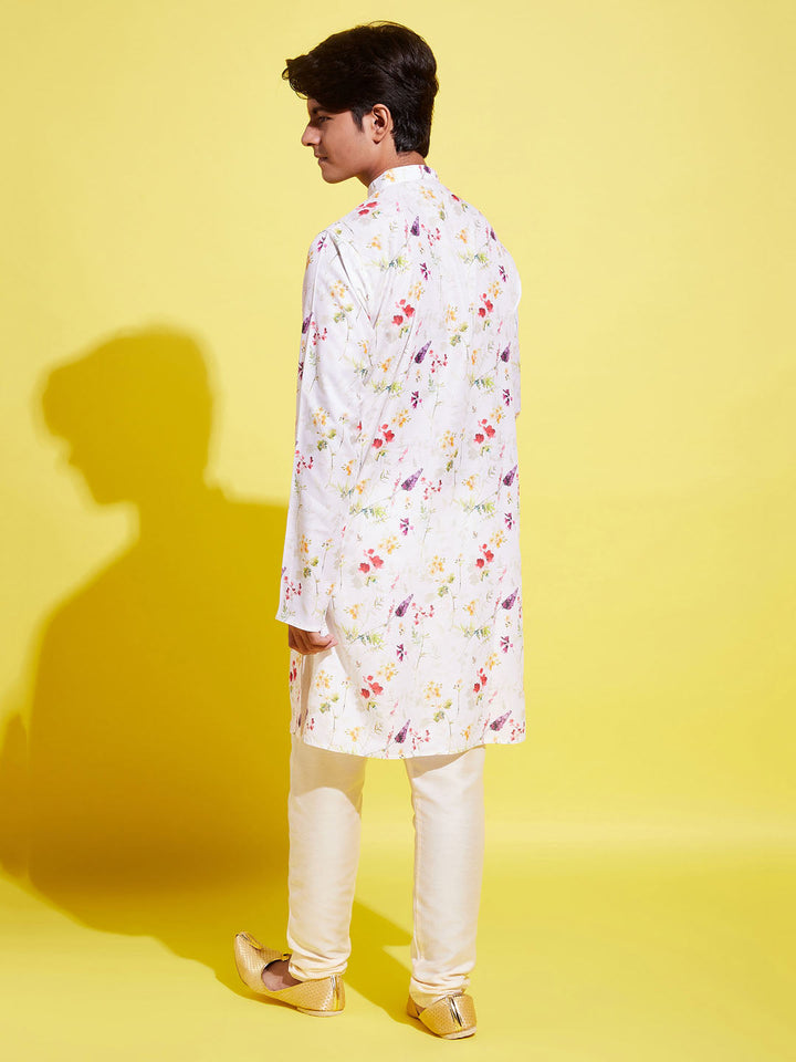 VASTRAMAY Boy's Printed Cream Cotton Blend Kurta and Pyjama Set - qivii