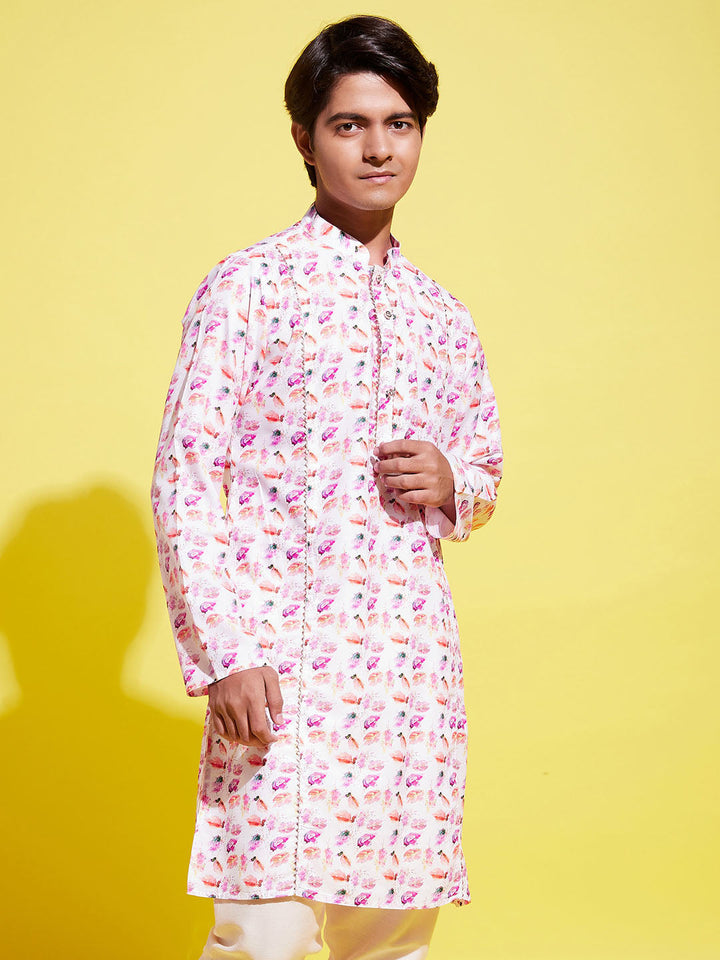 VASTRAMAY Boy's White Base Multi Color Cotton Kurta - qivii