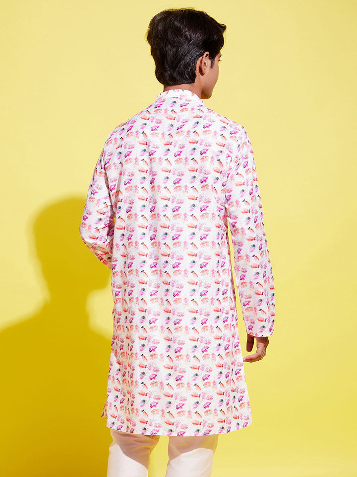 VASTRAMAY Boy's White Base Multi Color Cotton Kurta - qivii