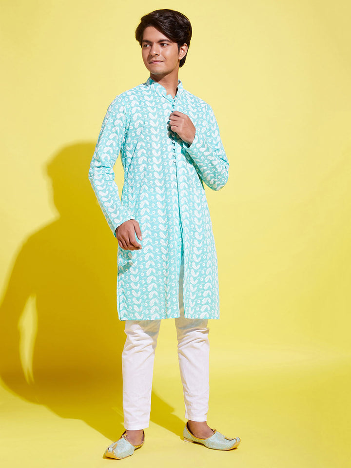 VASTRAMAY Boy's Green Chikankari Kurta With White Pyjama Set - qivii