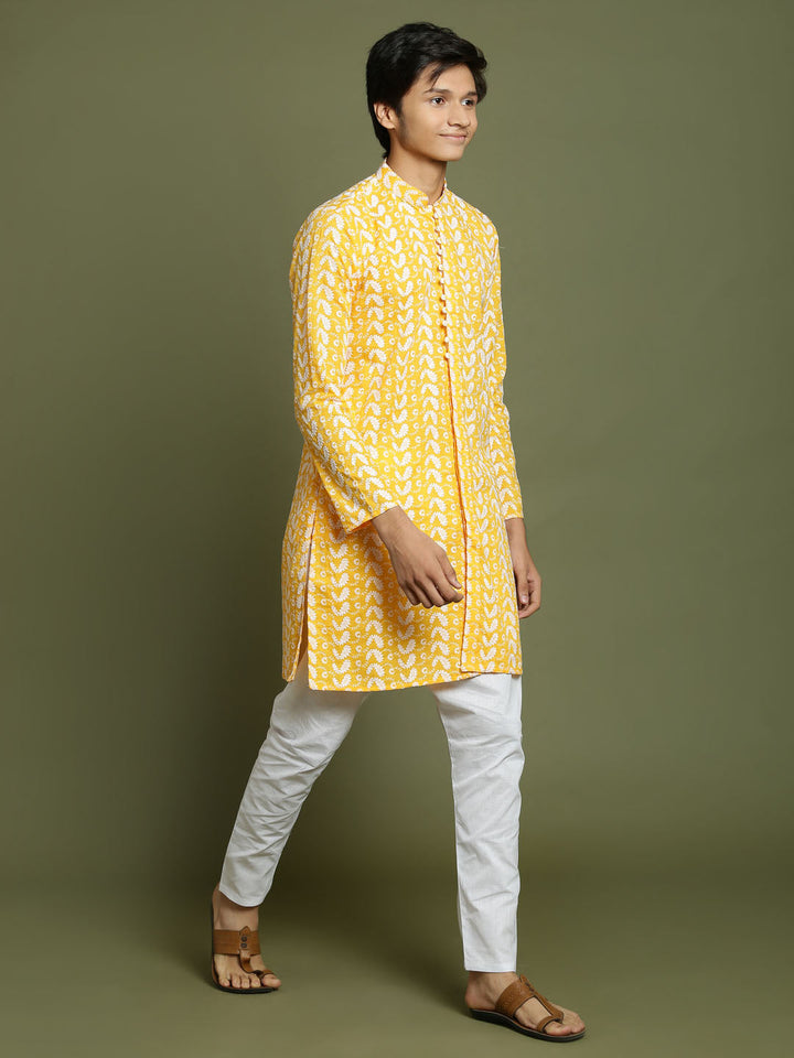 VASTRAMAY Boys' Orange Chaikankari Kurta With White Pyjama Set - qivii