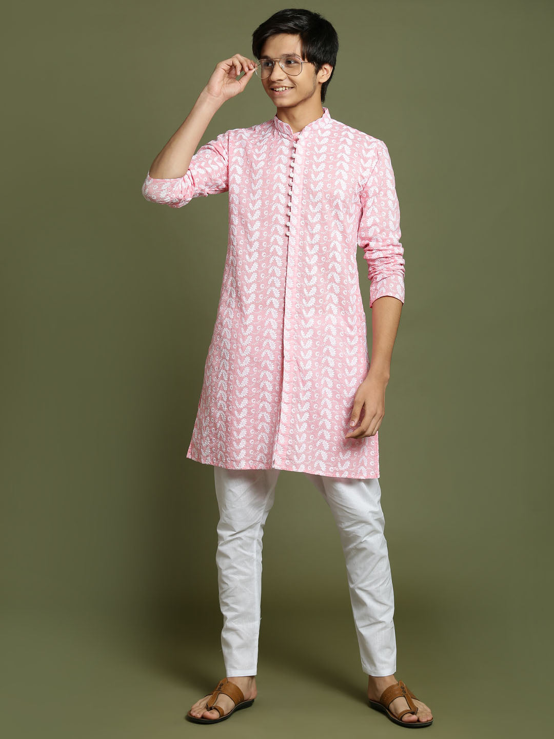 VASTRAMAY Boys' Pink Chaikankari Kurta With White Pyjama Set - qivii