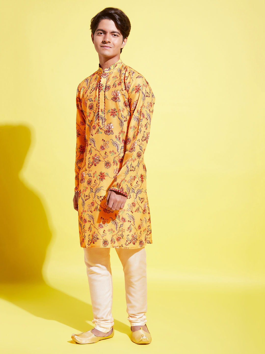 VASTRAMAY Boys' Multicolor-Base-Mustard And Cream Kurta Pyjama Set - qivii
