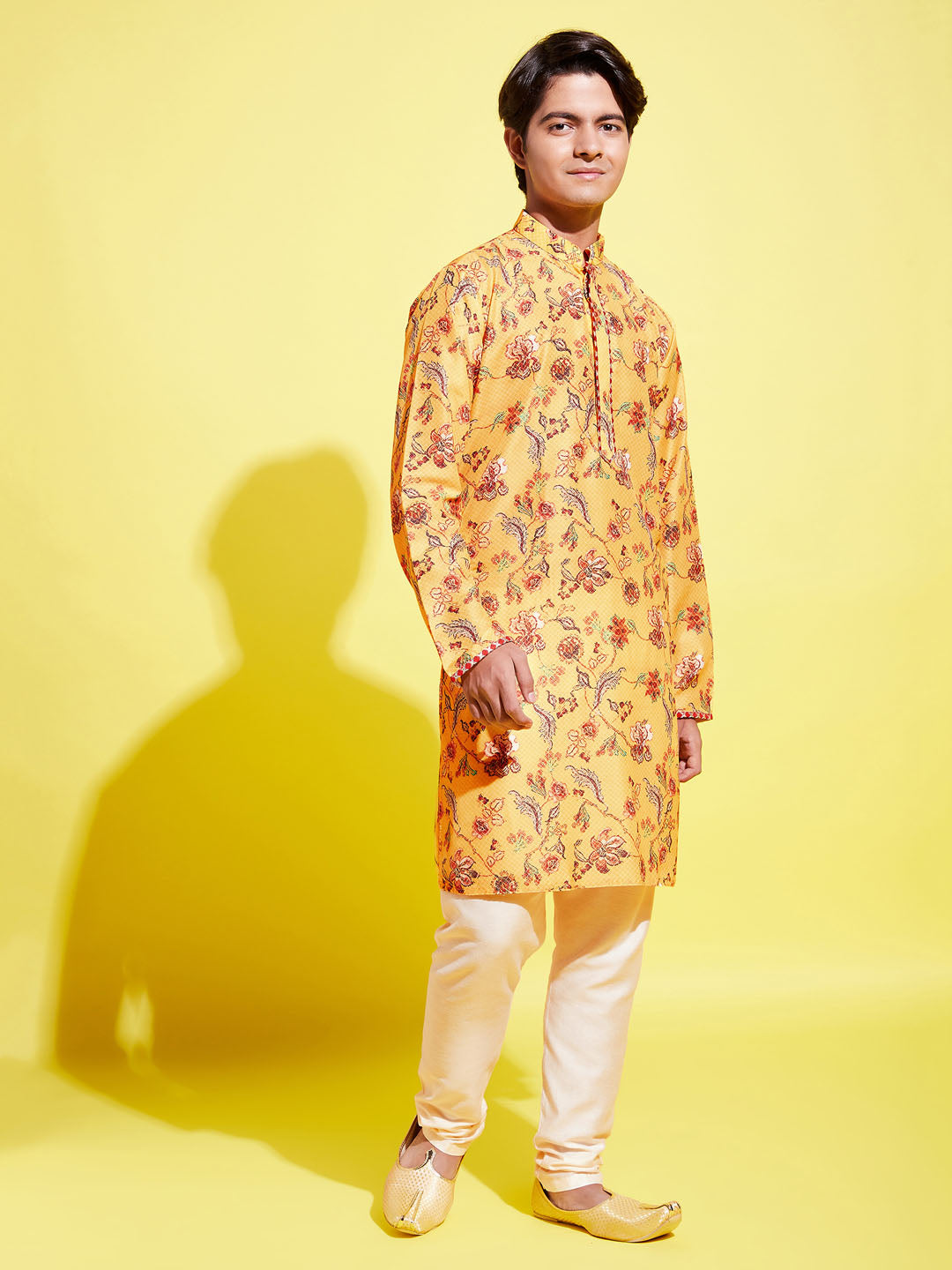 VASTRAMAY Boys' Multicolor-Base-Mustard And Cream Kurta Pyjama Set - qivii