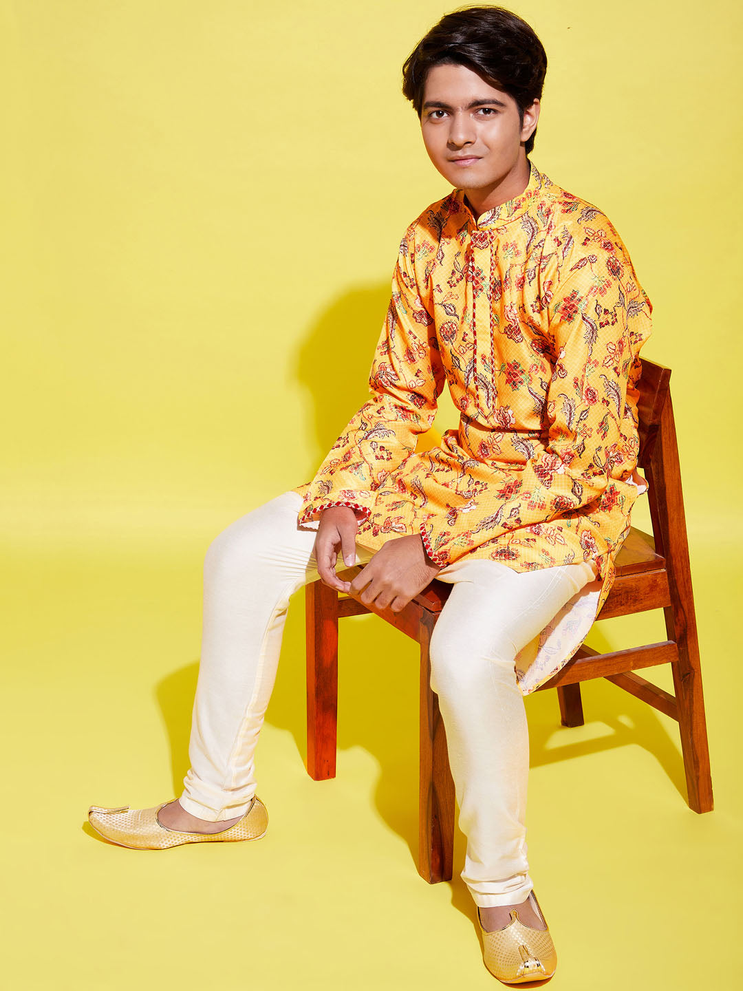 VASTRAMAY Boys' Multicolor-Base-Mustard And Cream Kurta Pyjama Set - qivii