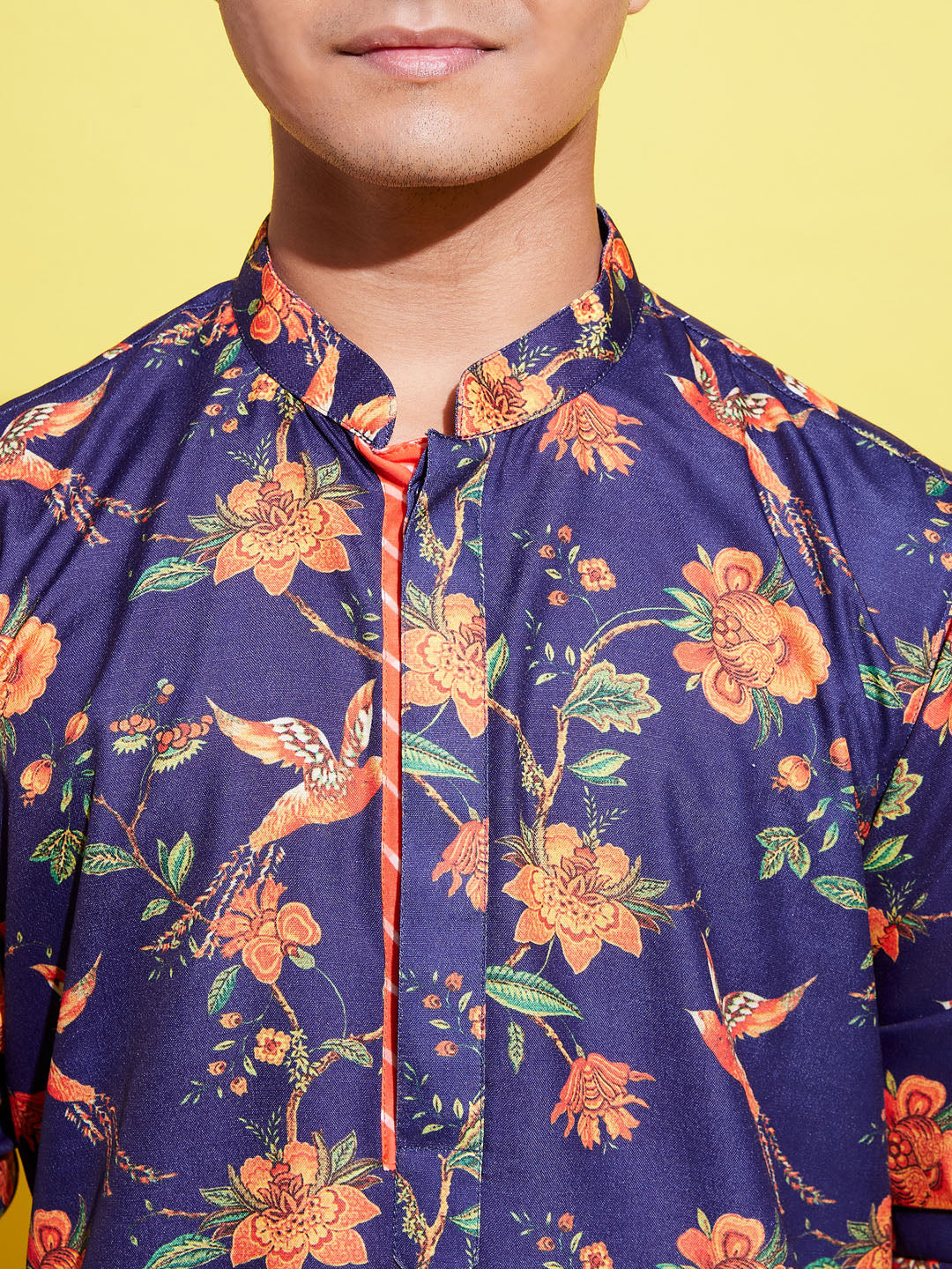 VASTRAMAY Boys' Multicolor-Base-Navy Blue Kurta and Pyjama Set With Leheria Border - qivii