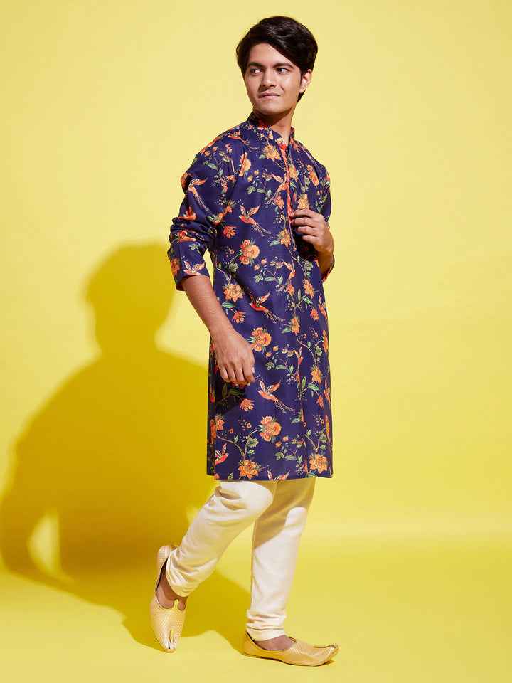 VASTRAMAY Boys' Multicolor-Base-Navy Blue Kurta and Pyjama Set With Leheria Border - qivii