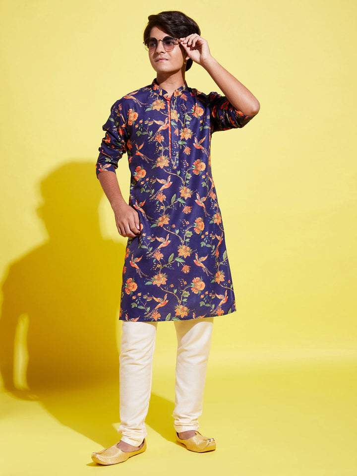 VASTRAMAY Boys' Multicolor-Base-Navy Blue Kurta and Pyjama Set With Leheria Border - qivii