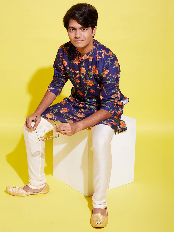 VASTRAMAY Boys' Multicolor-Base-Navy Blue Kurta and Pyjama Set With Leheria Border - qivii