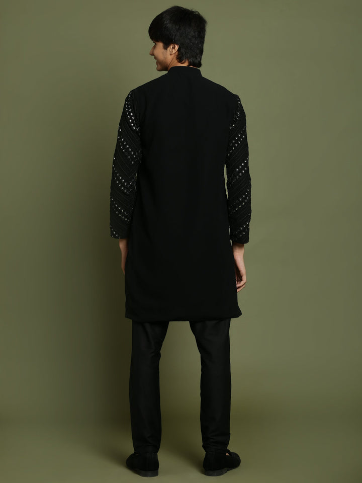 VASTRAMAY Boys Black Mirror Work Georgette Kurta And Pyjama Set - qivii