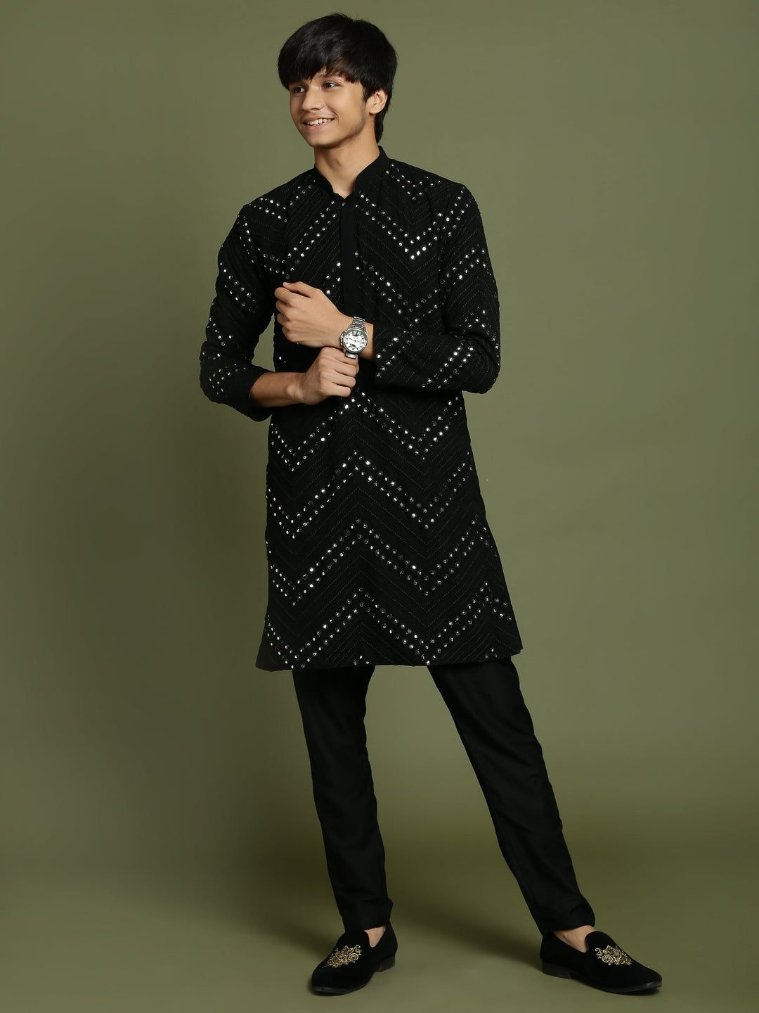 VASTRAMAY Boys Black Mirror Work Georgette Kurta And Pyjama Set - qivii
