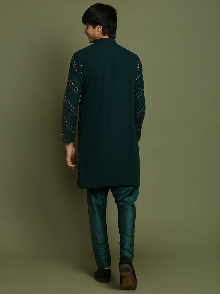 VASTRAMAY Boys Green Mirror Work Georgette Kurta And Pyjama Set - qivii