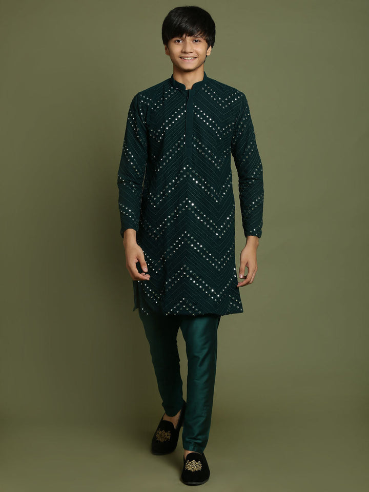 VASTRAMAY Boys Green Mirror Work Georgette Kurta And Pyjama Set - qivii