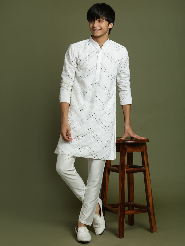 VASTRAMAY Boys White Mirror Work Georgette Kurta And Pyjama Set - qivii