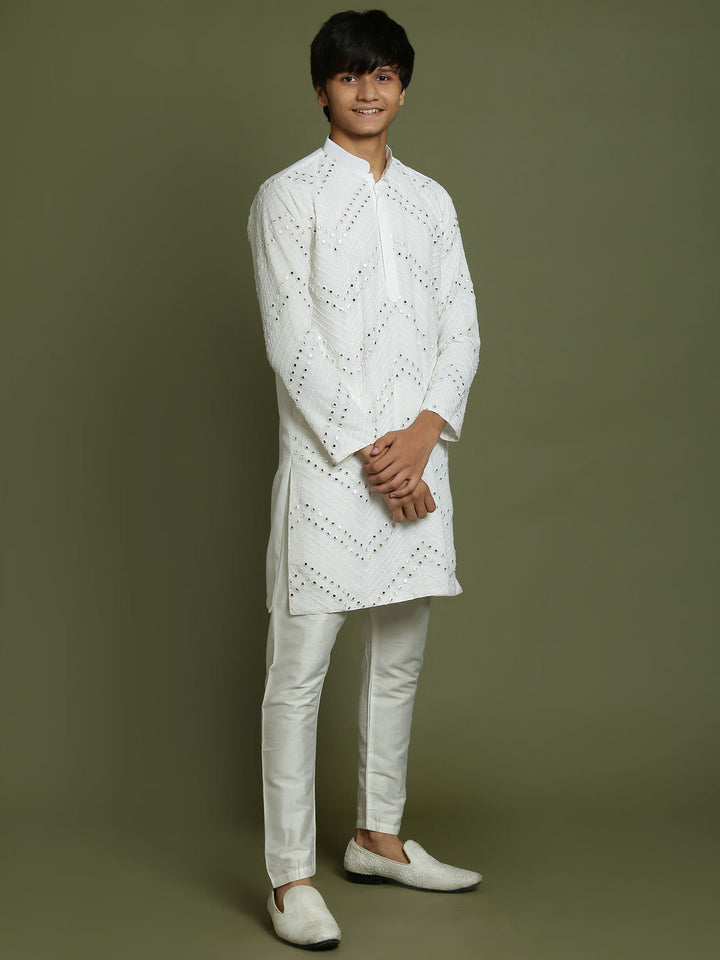 VASTRAMAY Boys White Mirror Work Georgette Kurta And Pyjama Set - qivii