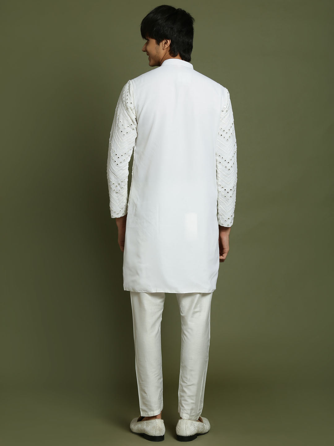 VASTRAMAY Boys White Mirror Work Georgette Kurta And Pyjama Set - qivii