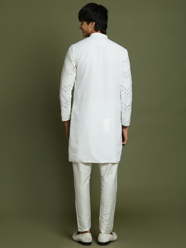 VASTRAMAY Boys White Mirror Work Georgette Kurta And Pyjama Set - qivii