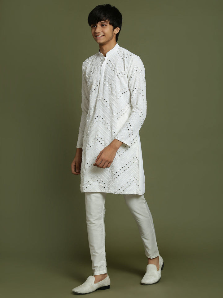 VASTRAMAY Boys White Mirror Work Georgette Kurta And Pyjama Set - qivii