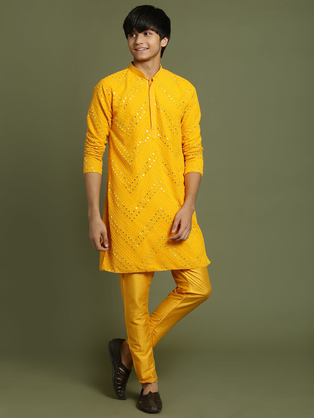 VASTRAMAY Boys Yellow Mirror Work Georgette Kurta And Pyjama Set - qivii