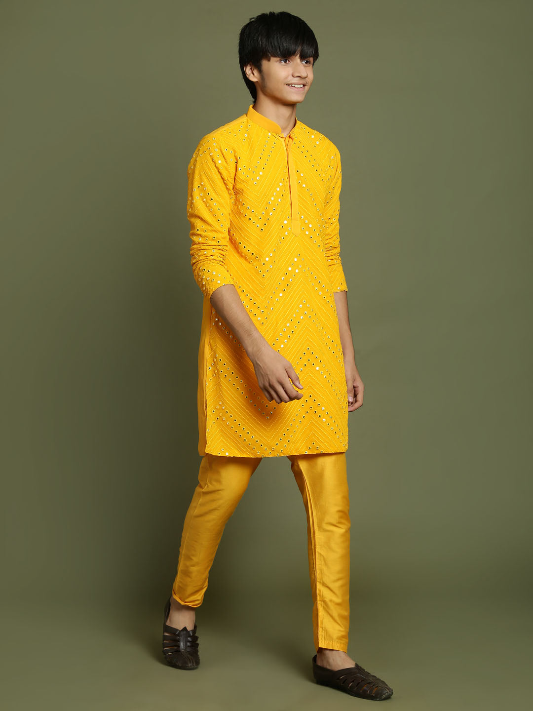 VASTRAMAY Boys Yellow Mirror Work Georgette Kurta And Pyjama Set - qivii