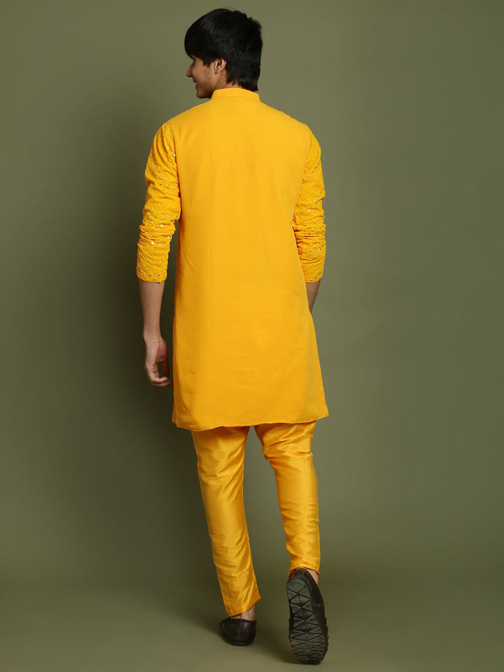 VASTRAMAY Boys Yellow Mirror Work Georgette Kurta And Pyjama Set - qivii
