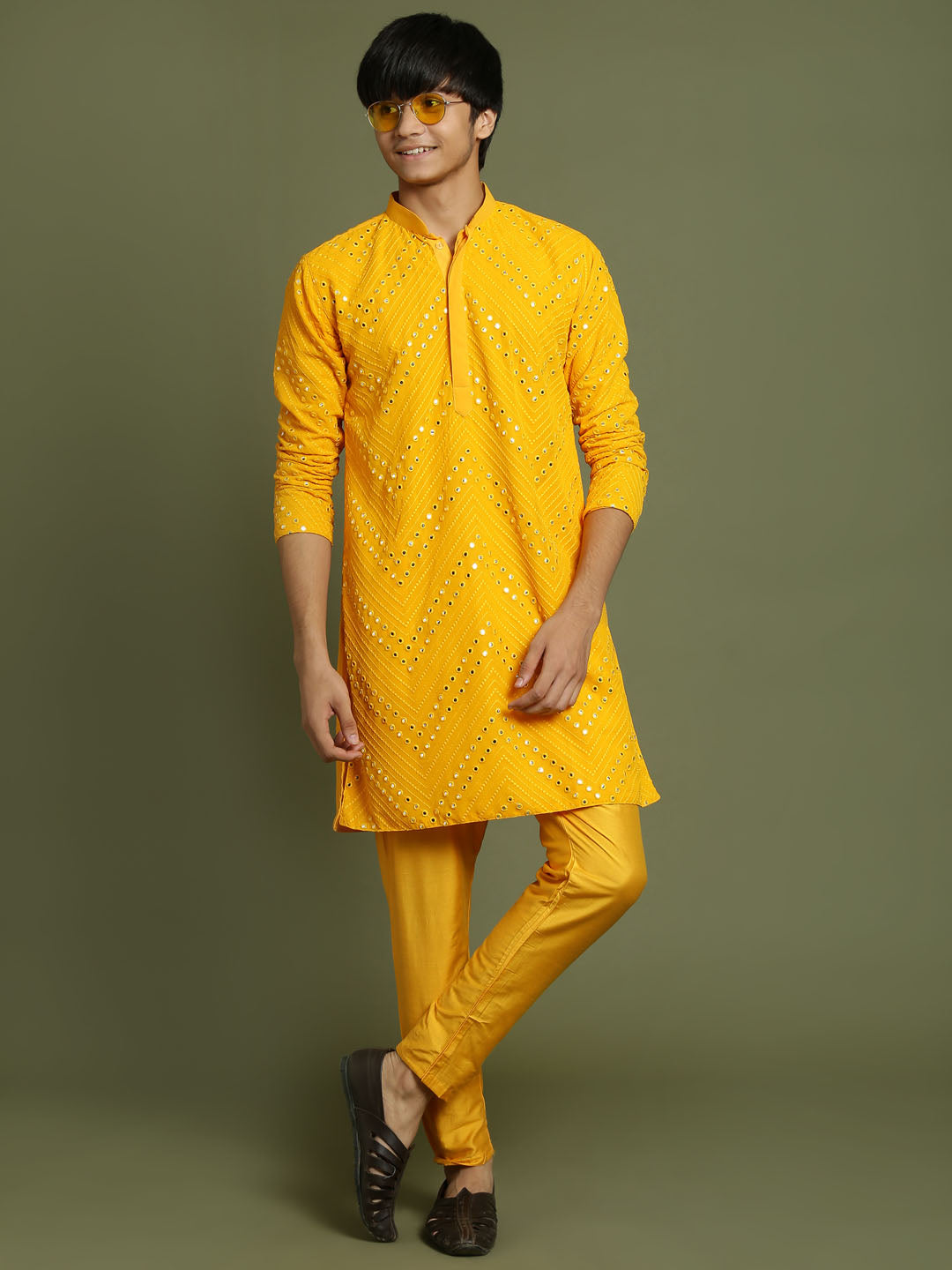 VASTRAMAY Boys Yellow Mirror Work Georgette Kurta And Pyjama Set - qivii