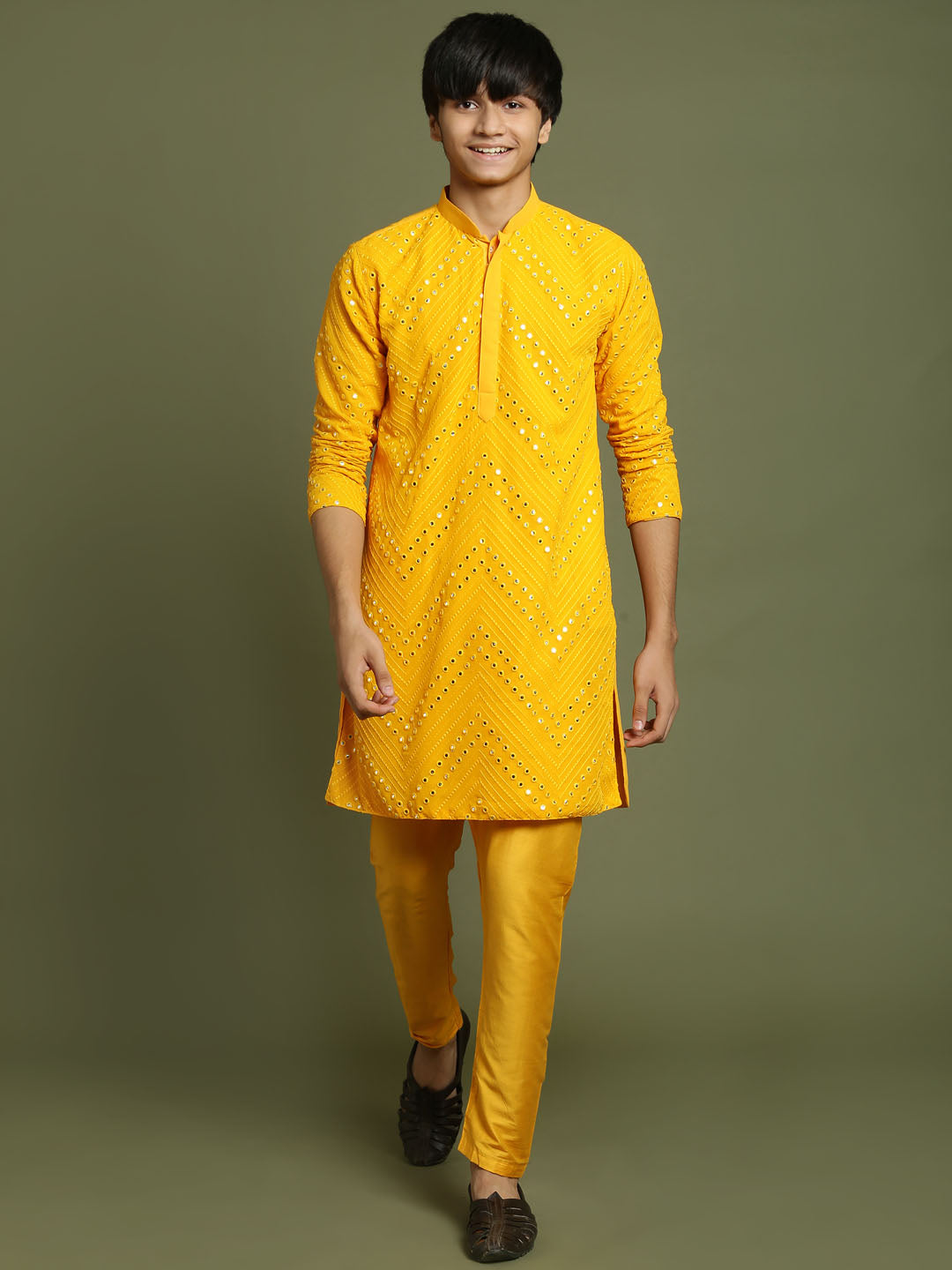 VASTRAMAY Boys Yellow Mirror Work Georgette Kurta And Pyjama Set - qivii