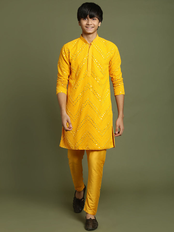VASTRAMAY Boys Yellow Mirror Work Georgette Kurta And Pyjama Set - qivii