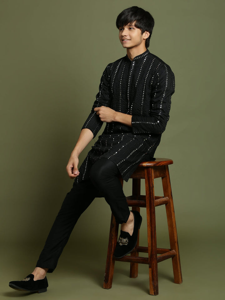 VASTRAMAY Boys Black Mirror Work Viscose Kurta And Pyjama Set - qivii