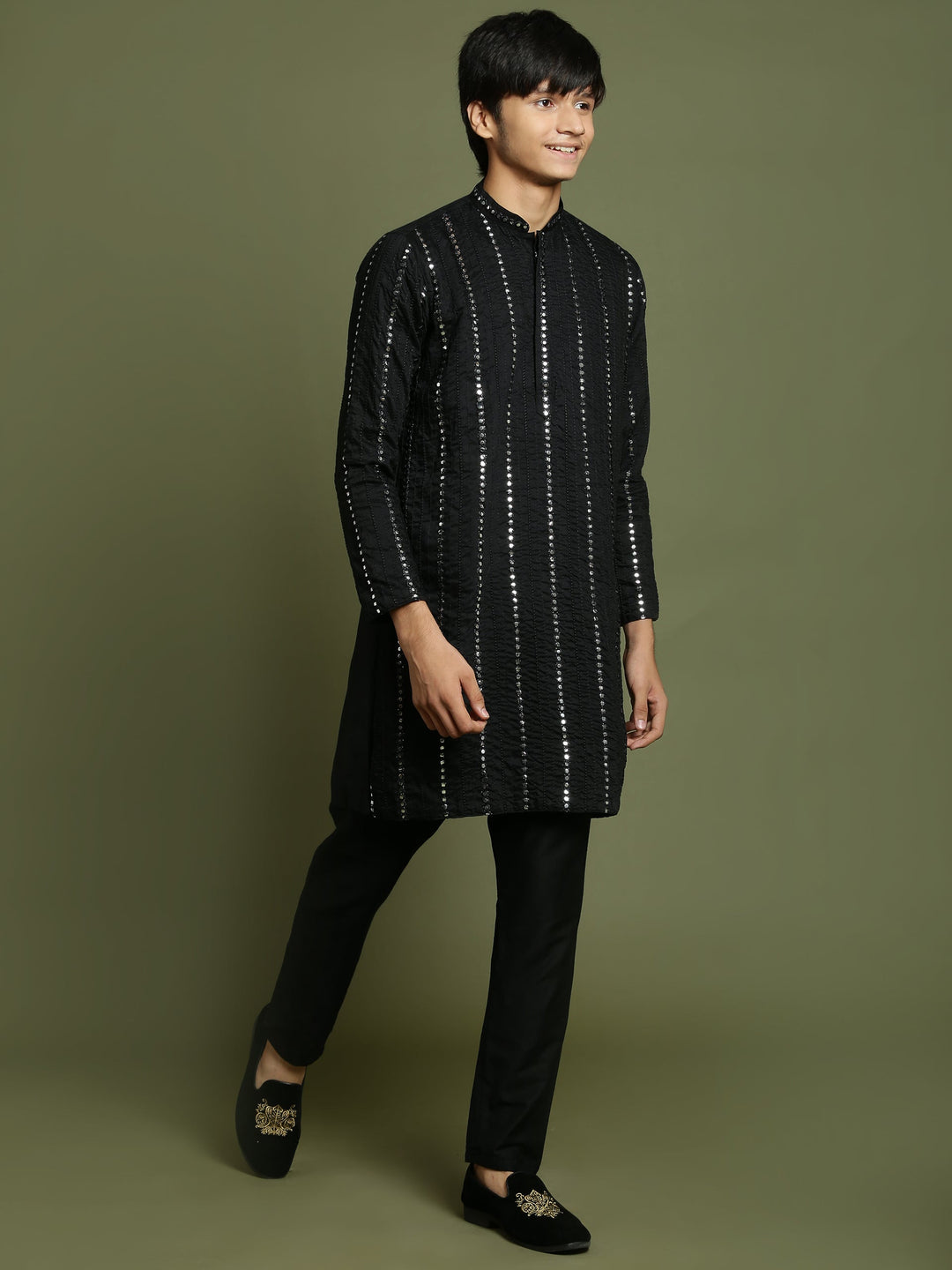 VASTRAMAY Boys Black Mirror Work Viscose Kurta And Pyjama Set - qivii
