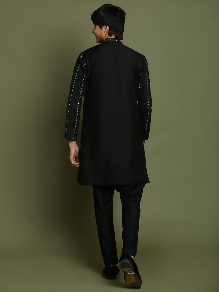 VASTRAMAY Boys Black Mirror Work Viscose Kurta And Pyjama Set - qivii