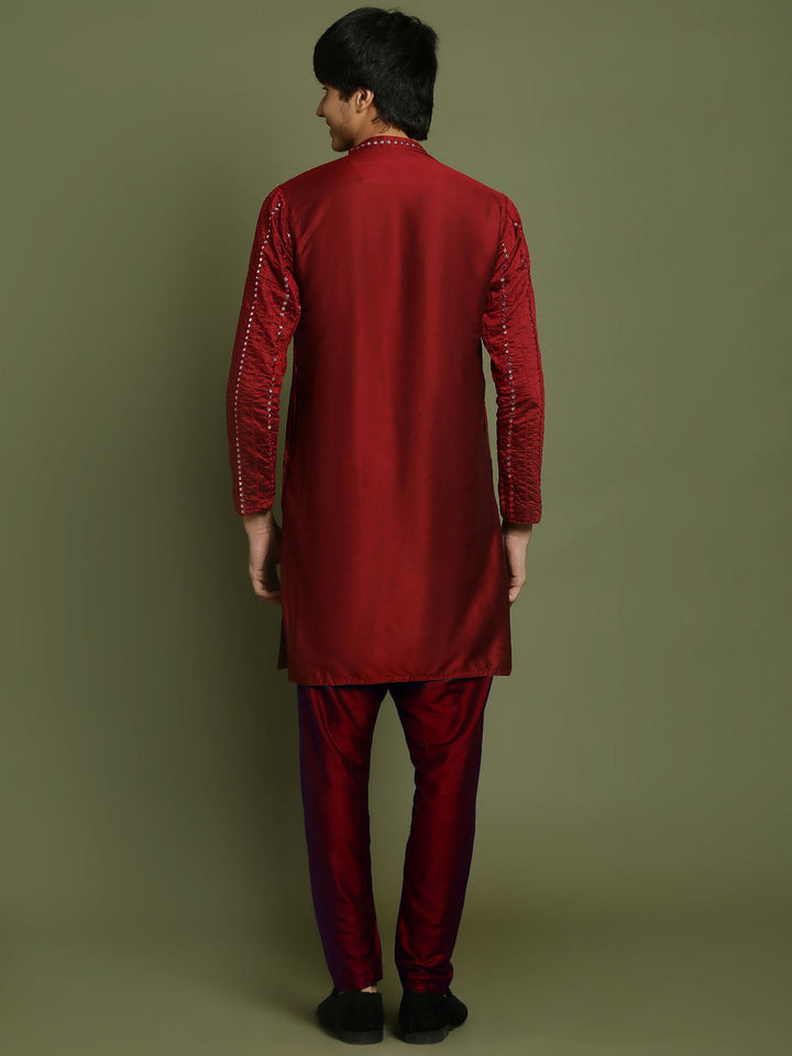 VASTRAMAY Boys maroon Embroidered Vertical Mirror Work Kurta With Pyjama Set - qivii