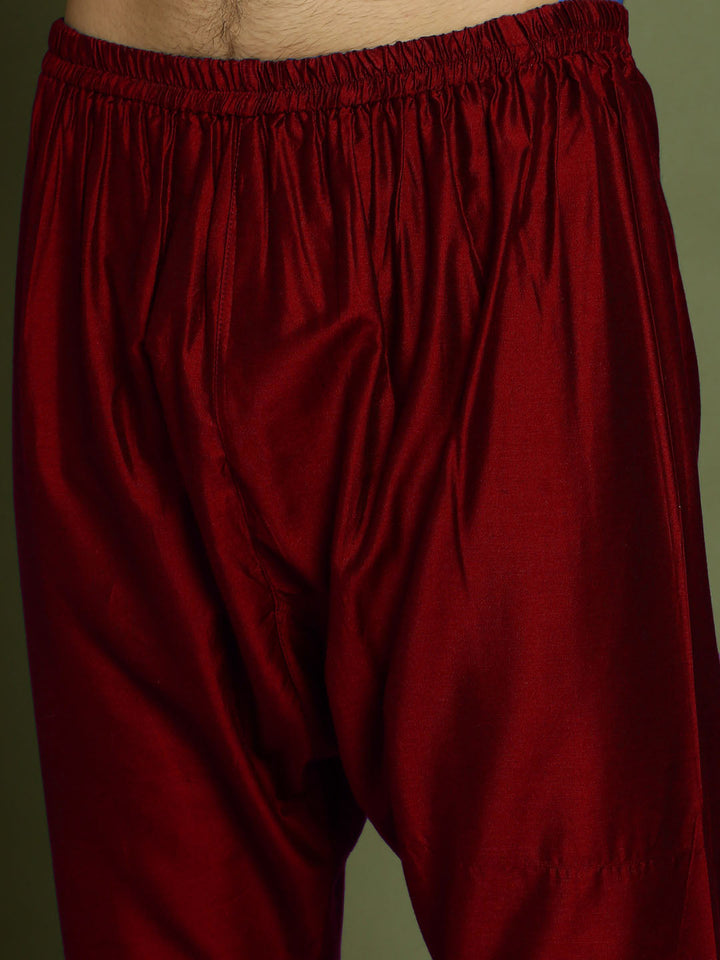 VASTRAMAY Boys maroon Embroidered Vertical Mirror Work Kurta With Pyjama Set - qivii