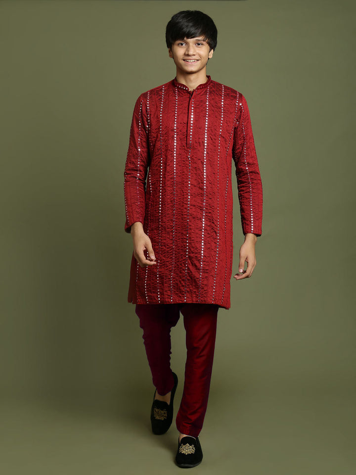 VASTRAMAY Boys maroon Embroidered Vertical Mirror Work Kurta With Pyjama Set - qivii