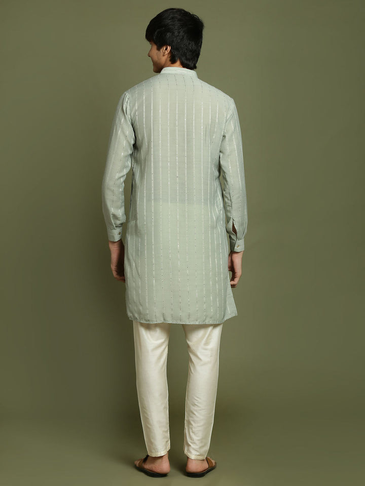 VASTRAMAY Boys' Green Striped With Sequin Worked Kurta Pyjama Set - qivii