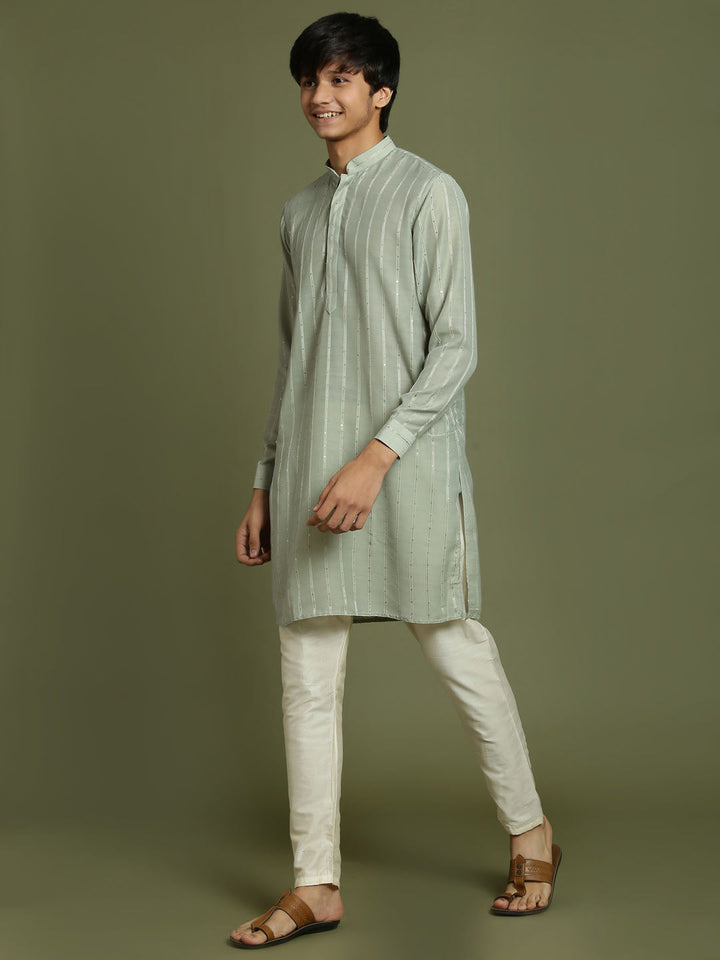 VASTRAMAY Boys' Green Striped With Sequin Worked Kurta Pyjama Set - qivii