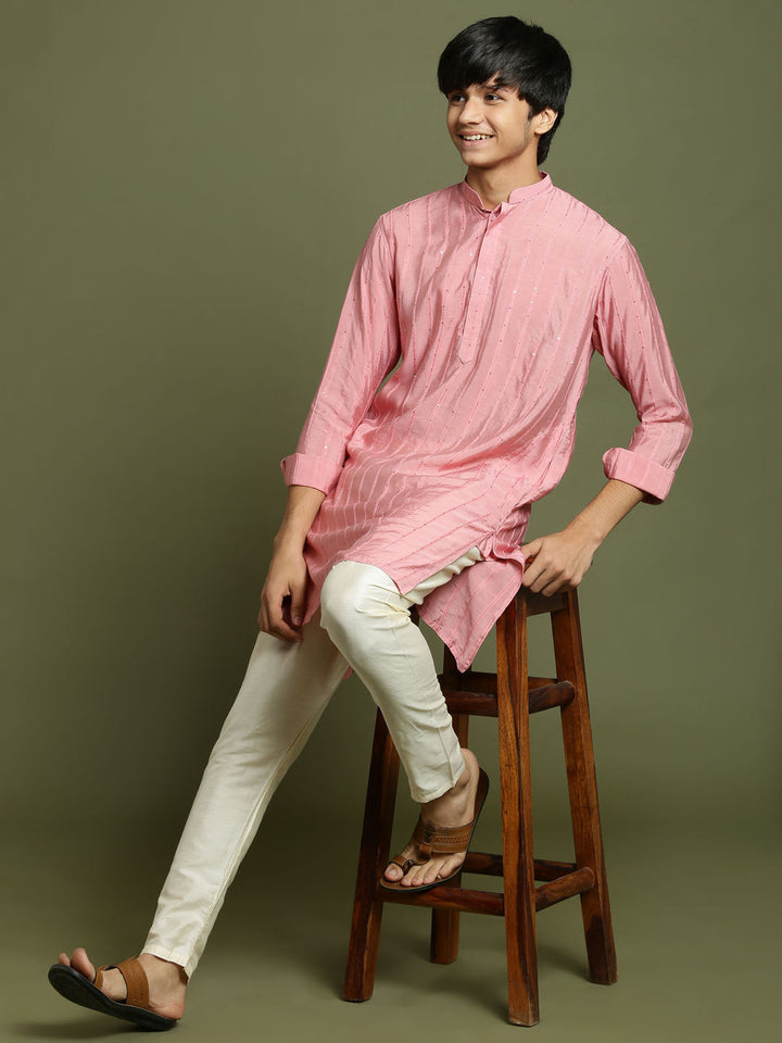 VASTRAMAY Boys' Purple Striped With Sequin Worked Kurta Pyjama Set - qivii