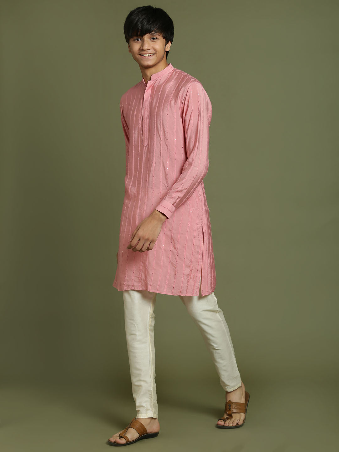 VASTRAMAY Boys' Purple Striped With Sequin Worked Kurta Pyjama Set - qivii