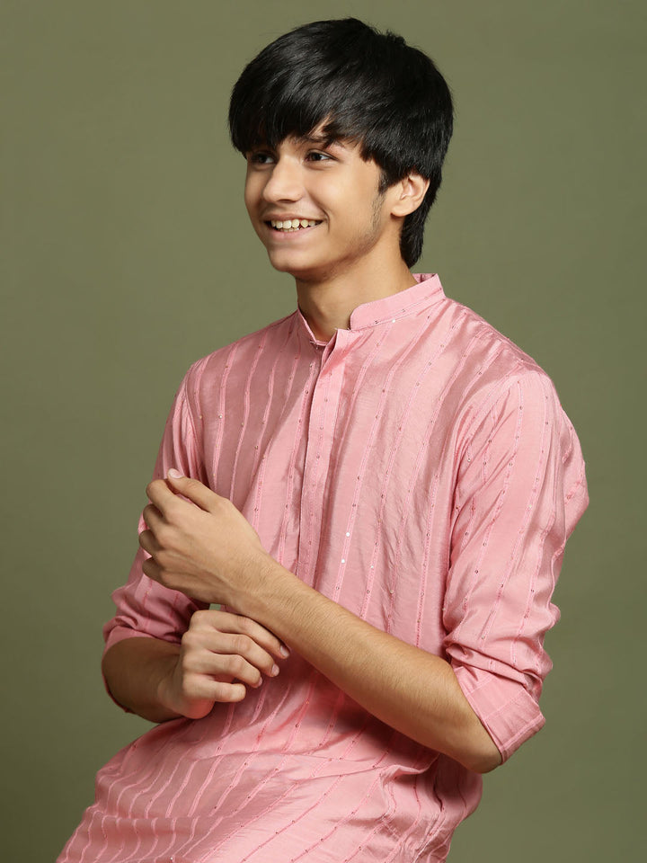 VASTRAMAY Boys' Purple Striped With Sequin Worked Kurta Pyjama Set - qivii