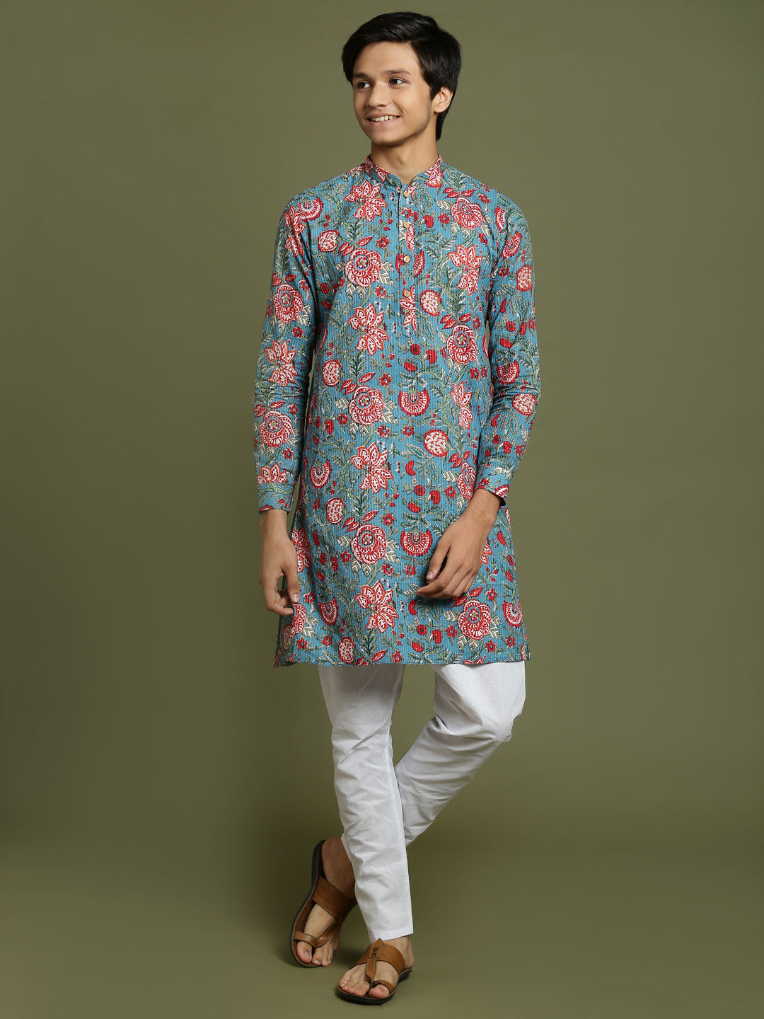 VASTRAMAY Boys Kalamkari Print Kantha stitch Kurta And Pyjama Set - qivii