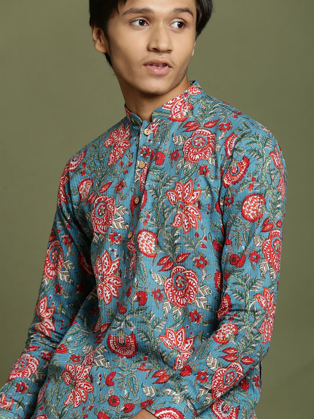 VASTRAMAY Boys Kalamkari Print Kantha stitch Kurta And Pyjama Set - qivii