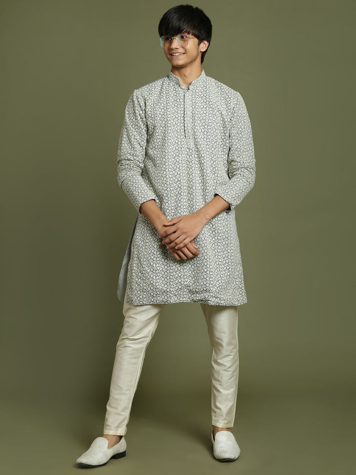 VASTRAMAY Boys' Grey Georgette Chikankari Kurta Pyjama Set - qivii