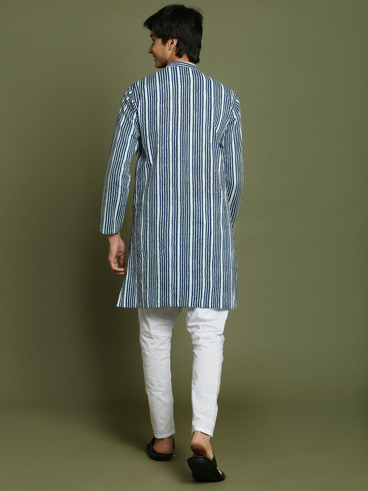 VASTRAMAY Boys' Indigo Blue Striped Kurta And Pyjama Set - qivii