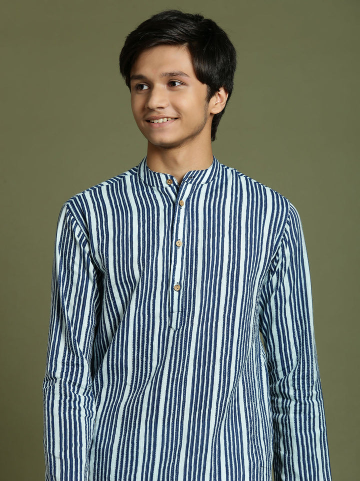 VASTRAMAY Boys' Indigo Blue Striped Kurta And Pyjama Set - qivii