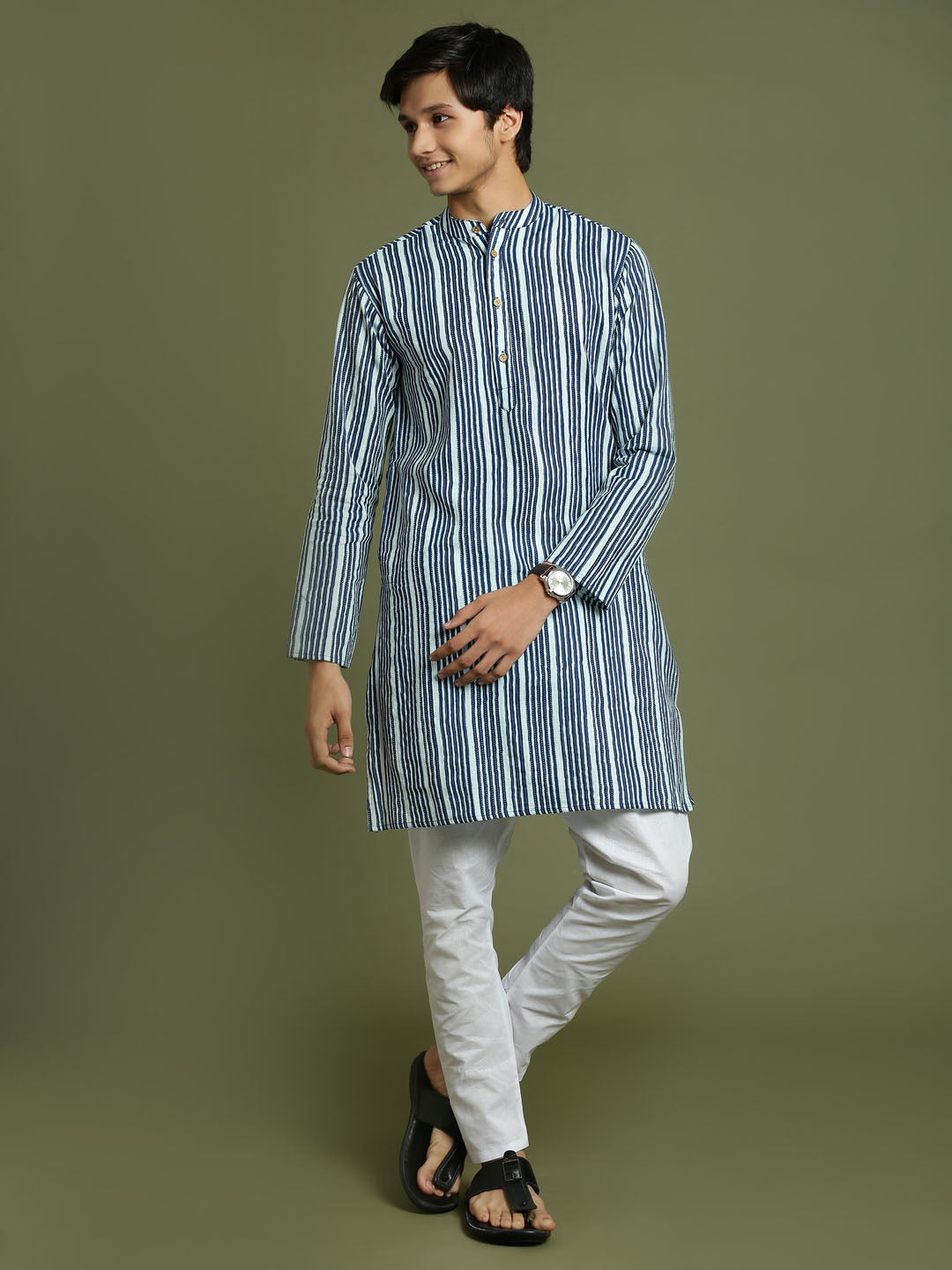 VASTRAMAY Boys' Indigo Blue Striped Kurta And Pyjama Set - qivii