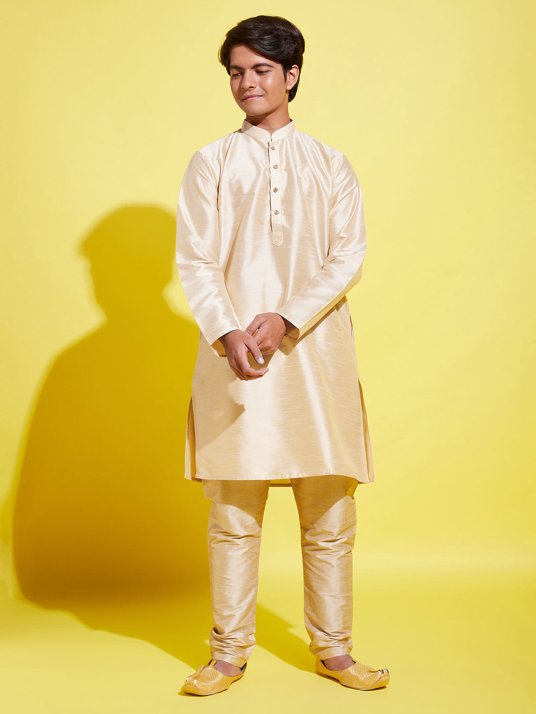VASTRAMAY Boys' Gold Silk Blend Kurta and Pyjama Set - qivii