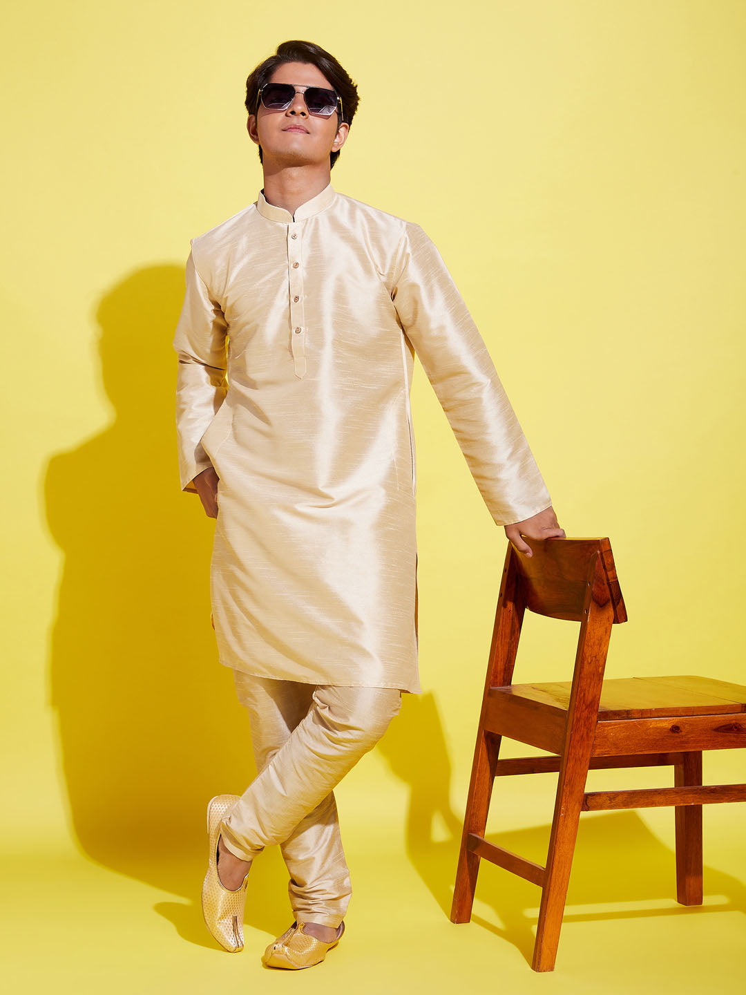 VASTRAMAY Boys' Gold Silk Blend Kurta and Pyjama Set - qivii