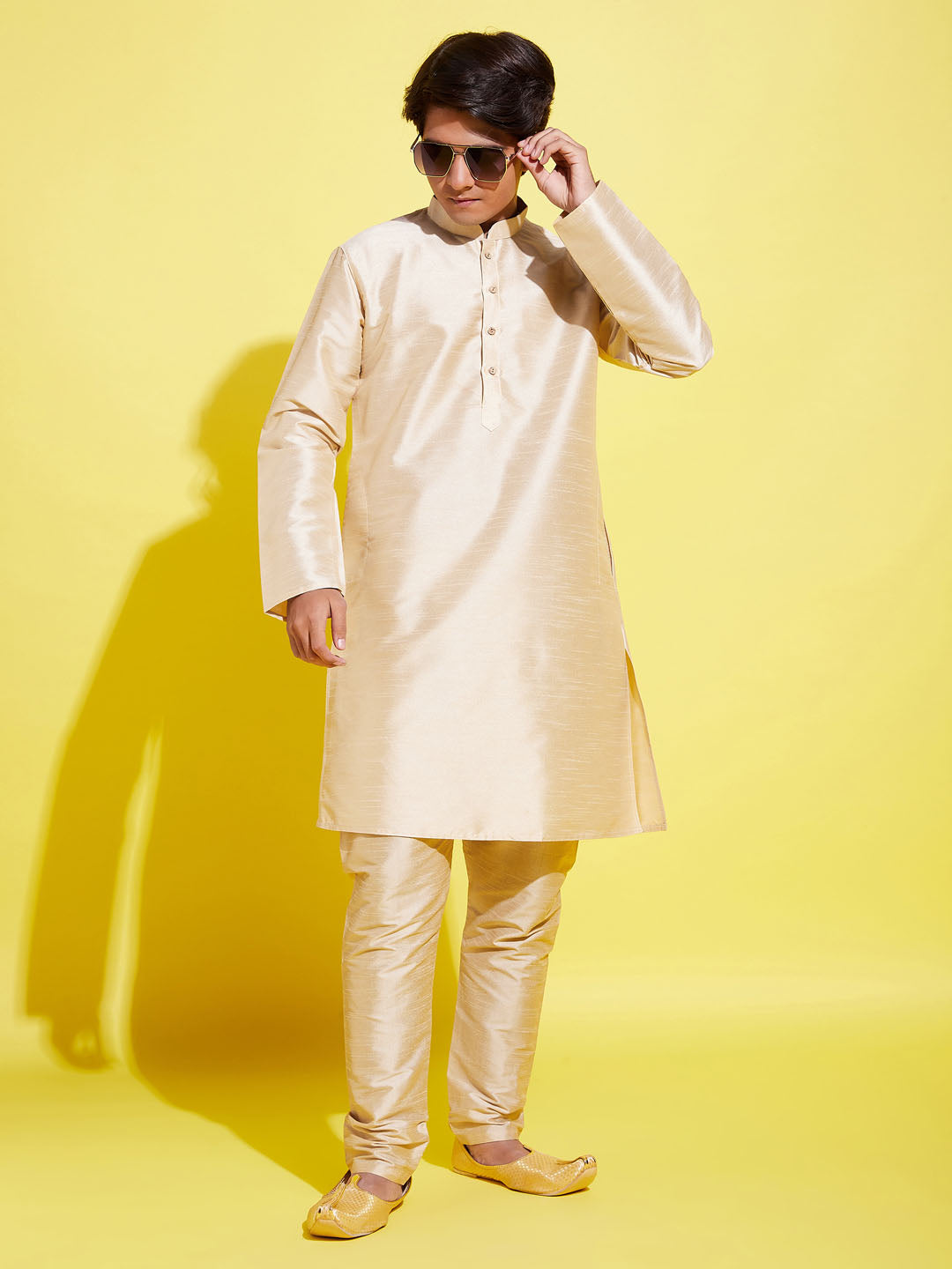 VASTRAMAY Boys' Gold Silk Blend Kurta and Pyjama Set - qivii